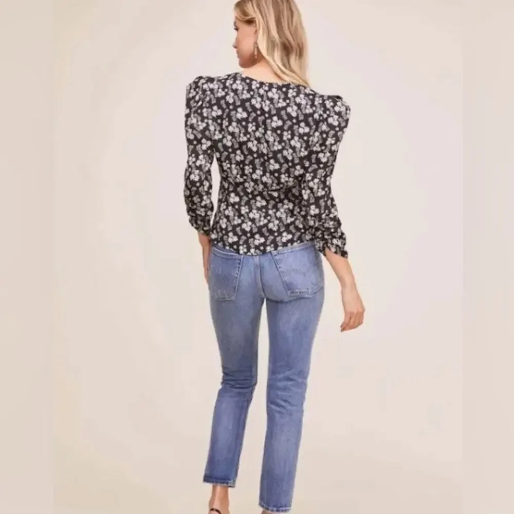 Astr the label floral ruched puff sleeve top xs
